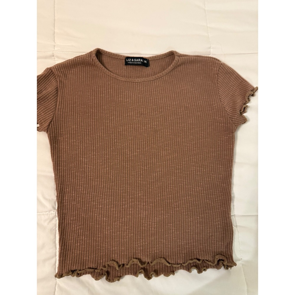 Liz & Sara Brown Ribbed Lettuce Edge Baby Tee Short Sleeve Crew Neck Top Medium